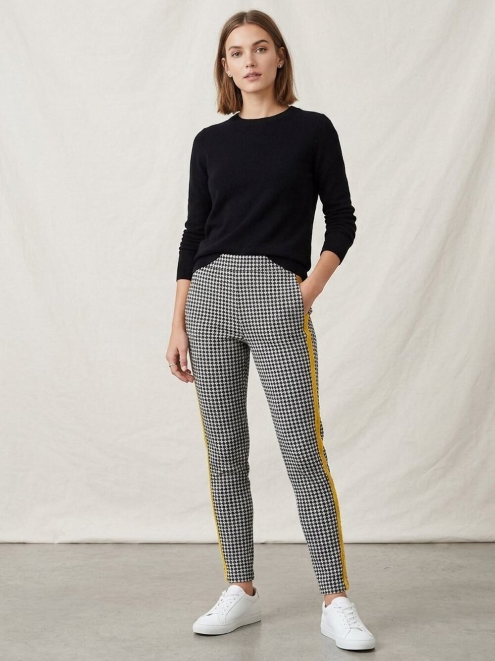 No Comment Houndstooth Leggings XL Black White Yellow Side Stripe